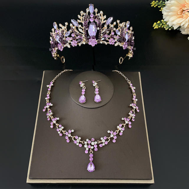 Light purple color glass crystal statement cown necklace set