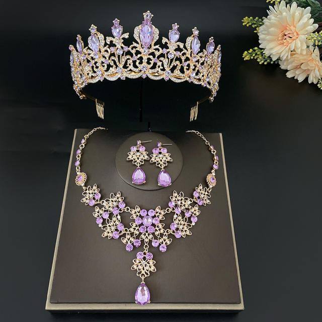 Light purple color glass crystal statement cown necklace set