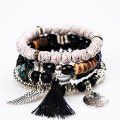 Boho rope tassel alloy wing charm bead bracelet