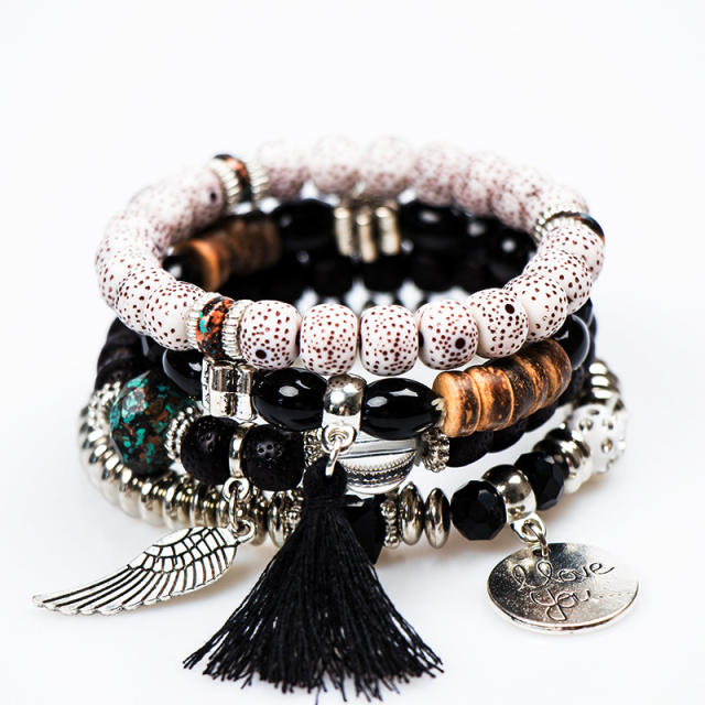 Boho rope tassel alloy wing charm bead bracelet