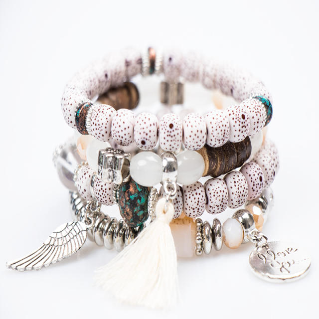 Boho rope tassel alloy wing charm bead bracelet