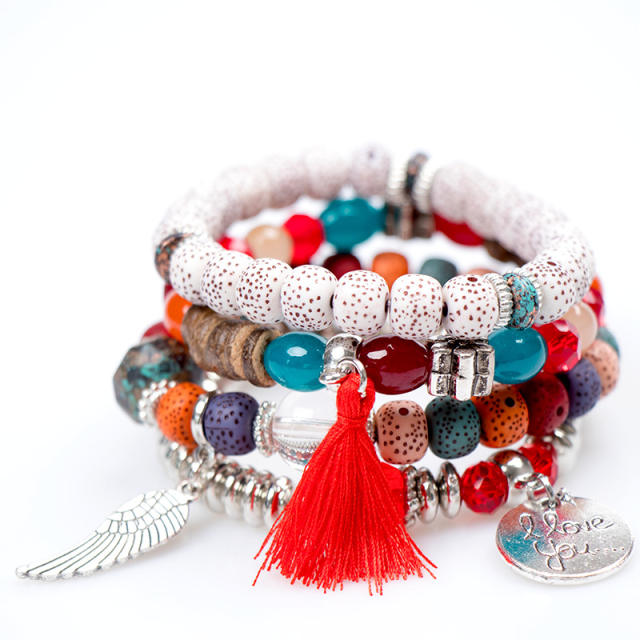 Boho rope tassel alloy wing charm bead bracelet