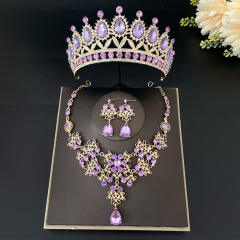 Light purple color glass crystal statement cown necklace set