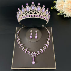 Light purple color glass crystal statement cown necklace set