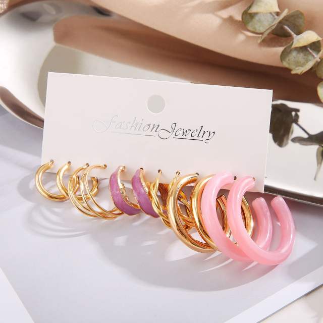 Concise pink color acrylic hoop earring set