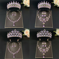 Light purple color glass crystal statement cown necklace set