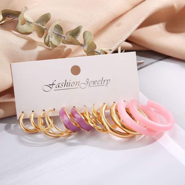 Concise pink color acrylic hoop earring set