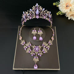 Light purple color glass crystal statement cown necklace set