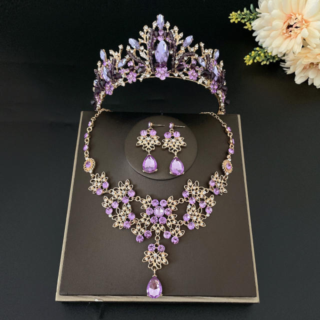 Light purple color glass crystal statement cown necklace set