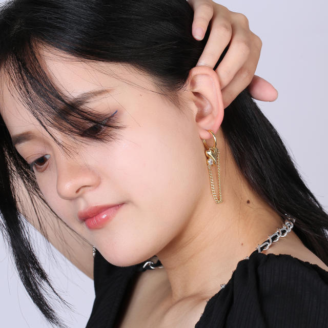 Unique heart chain tassel real gold plated dangle earrings
