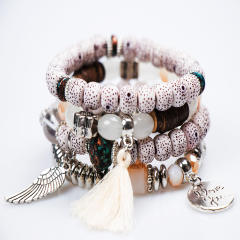 Boho rope tassel alloy wing charm bead bracelet