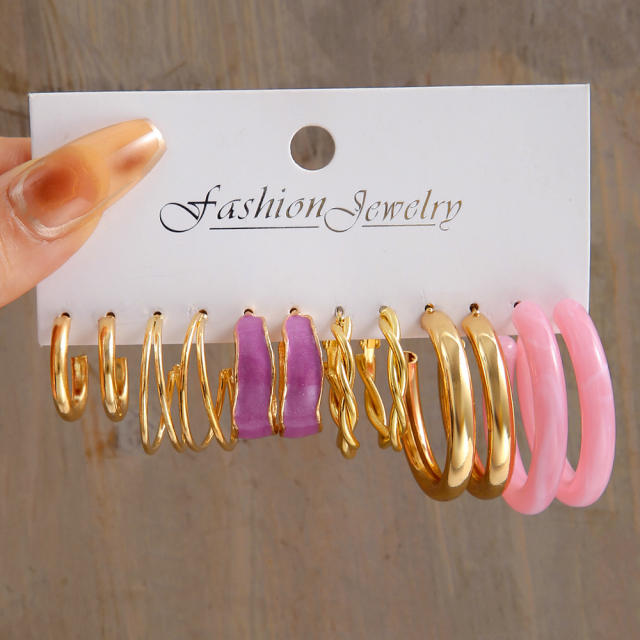 Concise pink color acrylic hoop earring set