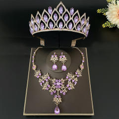 Light purple color glass crystal statement cown necklace set