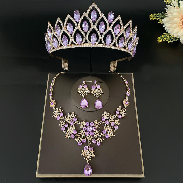 Light purple color glass crystal statement cown necklace set