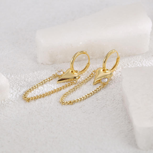 Unique heart chain tassel real gold plated dangle earrings