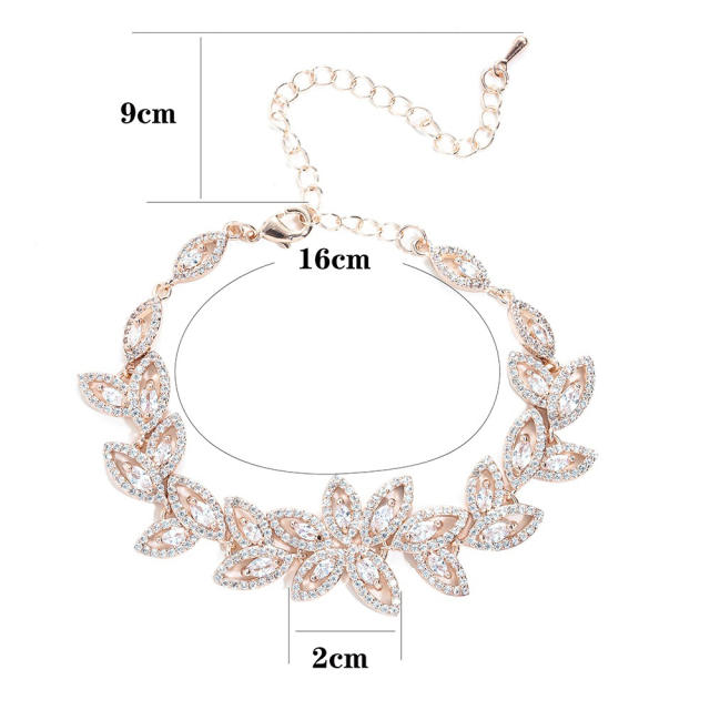 Full cubic zircon flower gold plated copper bracelet