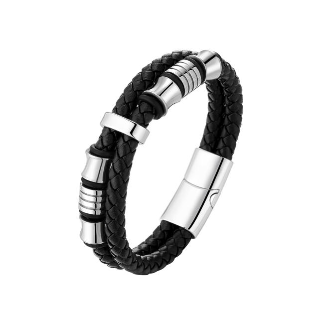 Braid leather stainless steel beads engrave letter bracelet for men