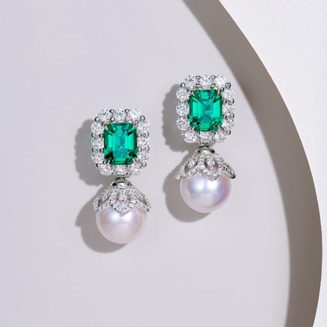 Elegant emerald pearl drop earrings