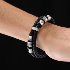 Braid leather stainless steel beads engrave letter bracelet for men