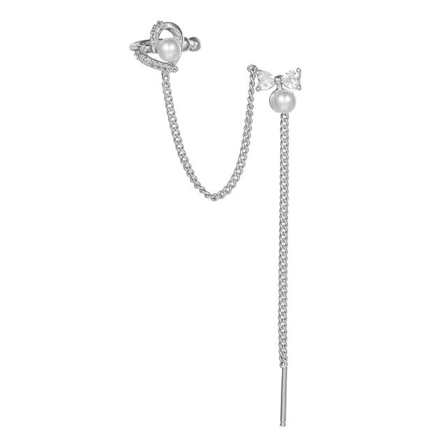 Elegant cubic zircon pearl threader earrings