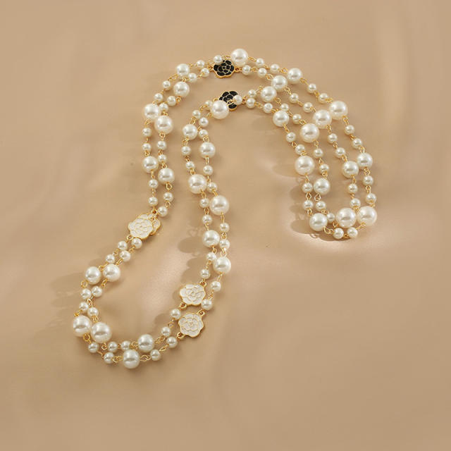 Elegant black camellia pearl two layer long necklace