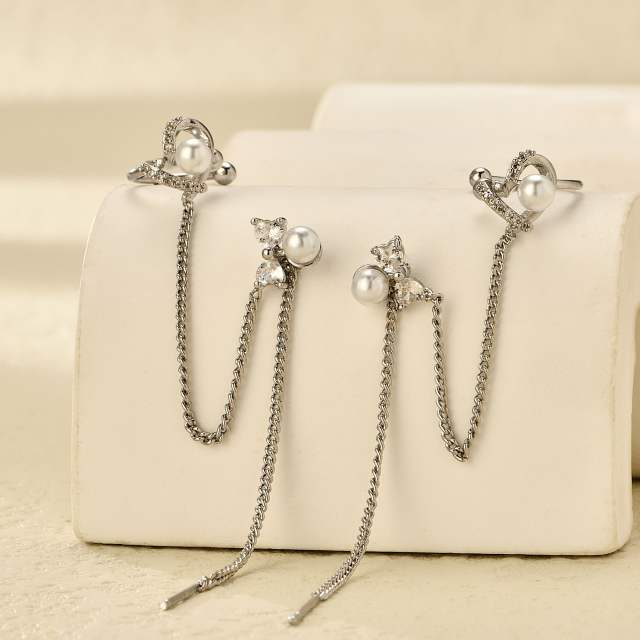 Elegant cubic zircon pearl threader earrings