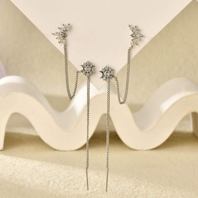 Cubic zircon setting silver color threader earrings