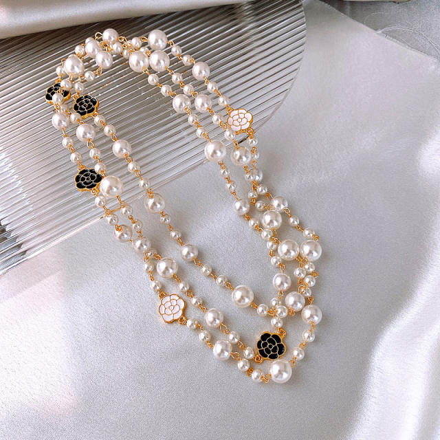 Elegant black camellia pearl two layer long necklace