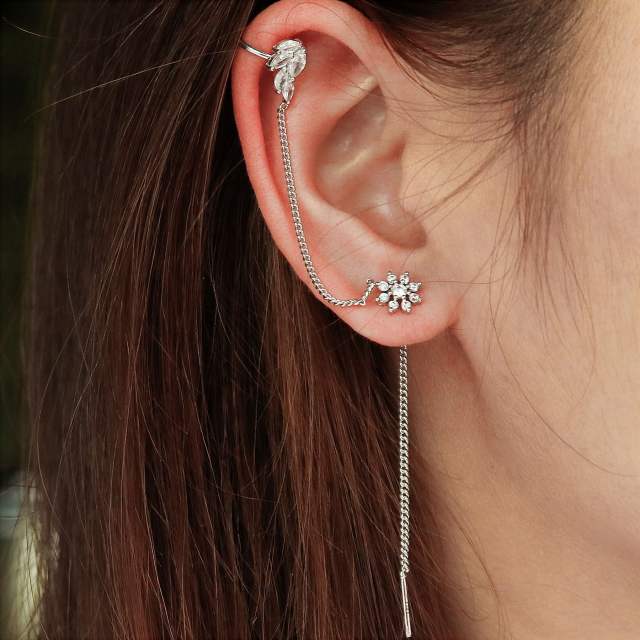 Elegant cubic zircon flower threader earrings