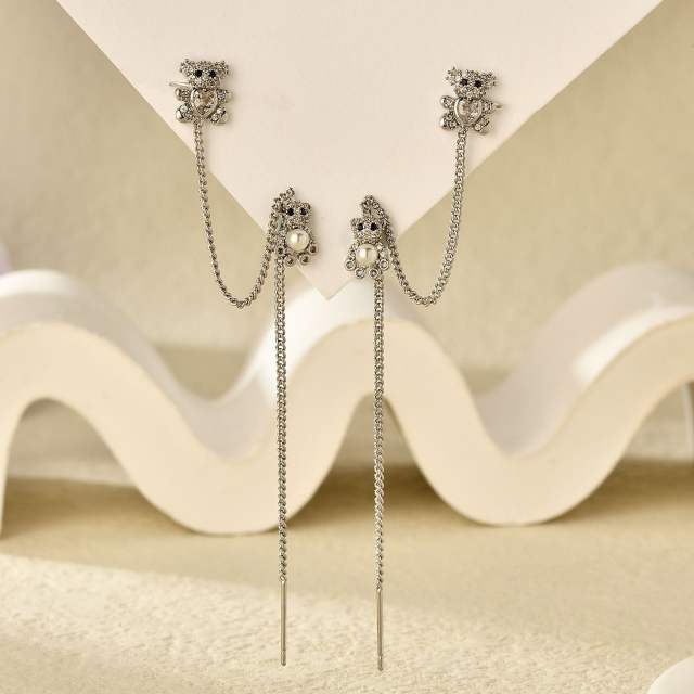 Korean fashion sweet heart bear threader earrings