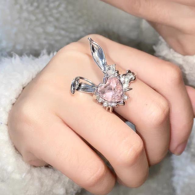 Sweet pink cubic zircon rabbit adjustable rings