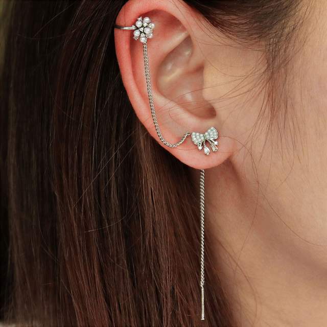 Elegant rhinestone butterfly flower threader earrings