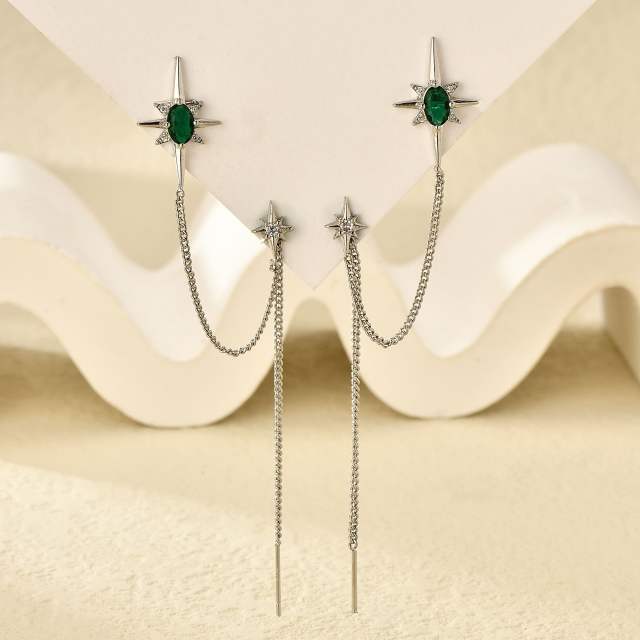 Occident fashion personality emerald cubic zircon threader earrings