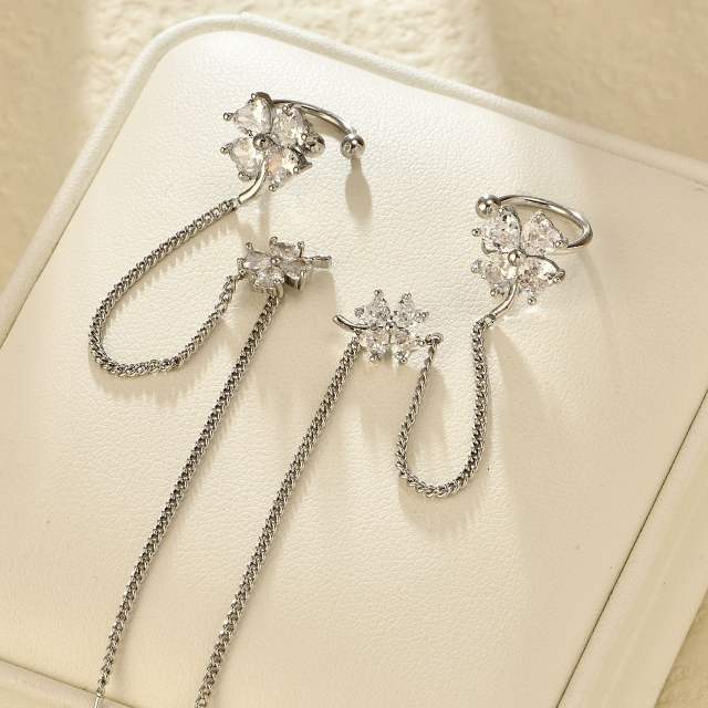 Elegant cubic zircon flower threader earrings