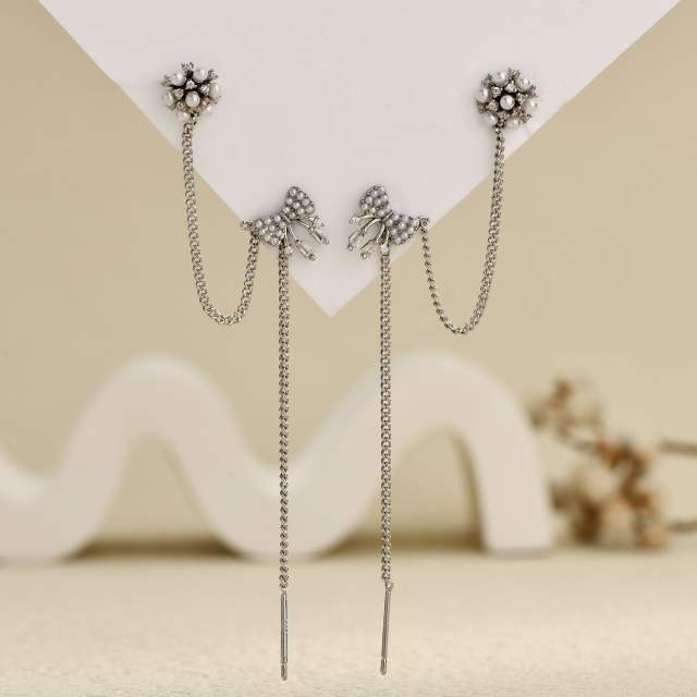 Elegant rhinestone butterfly flower threader earrings