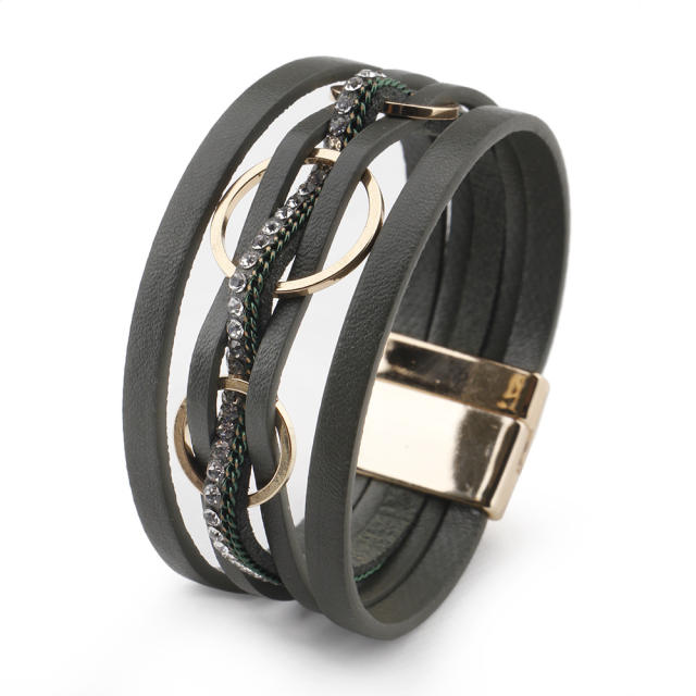 Creative alloy circle PU leather wide bangle for women