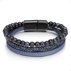 Concise PU leather tiger eye beads men bracelet