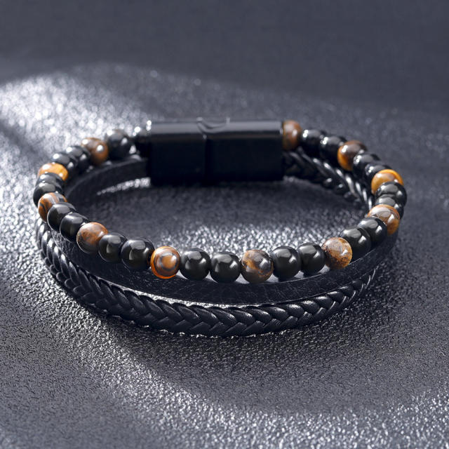 Concise PU leather tiger eye beads men bracelet