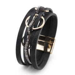 Creative alloy circle PU leather wide bangle for women