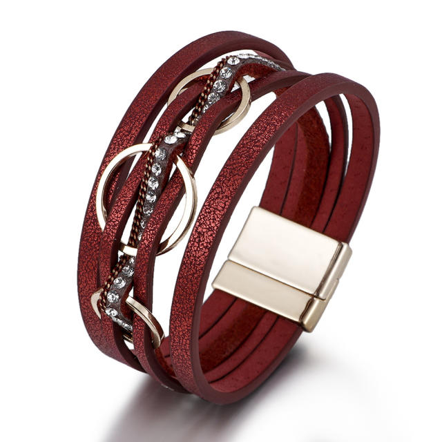 Creative alloy circle PU leather wide bangle for women