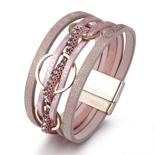 Creative alloy circle PU leather wide bangle for women