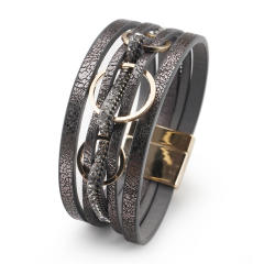 Creative alloy circle PU leather wide bangle for women