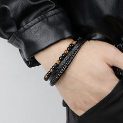Concise PU leather tiger eye beads men bracelet