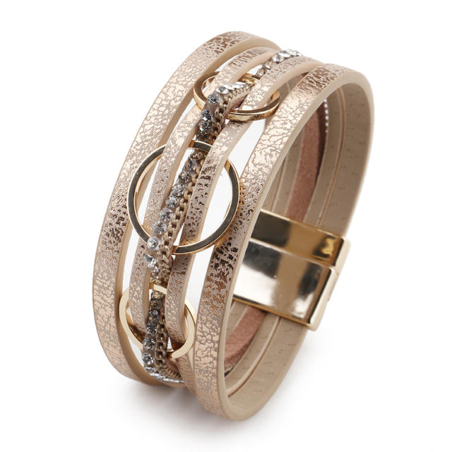 Creative alloy circle PU leather wide bangle for women
