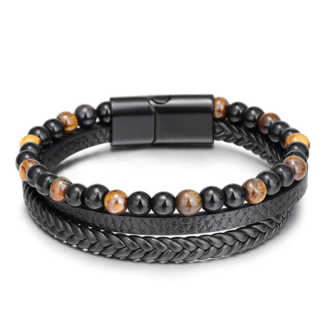 Concise PU leather tiger eye beads men bracelet