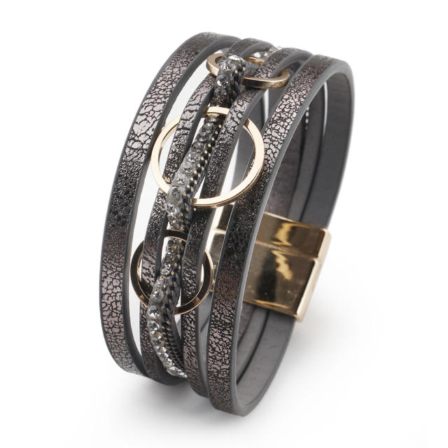 Creative alloy circle PU leather wide bangle for women