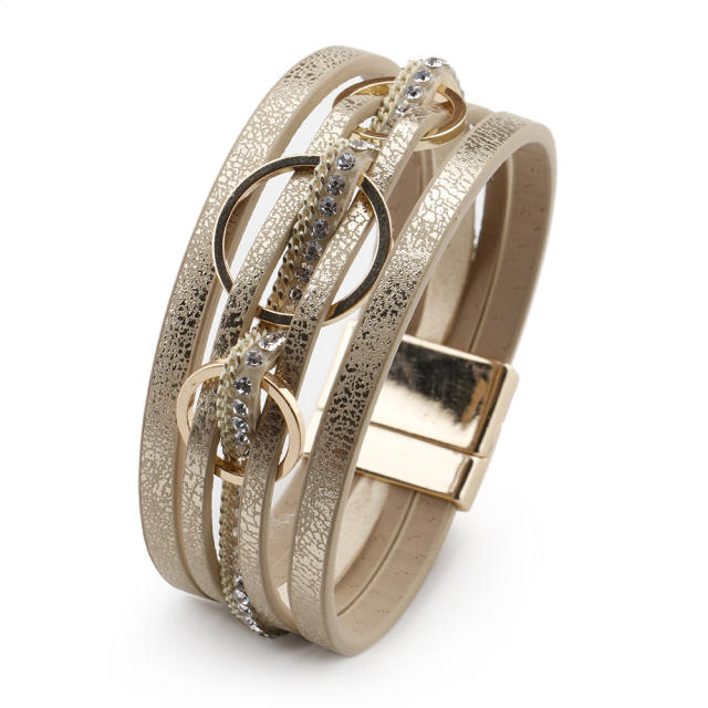 Creative alloy circle PU leather wide bangle for women