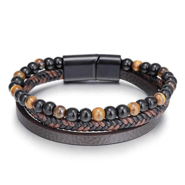 Concise PU leather tiger eye beads men bracelet