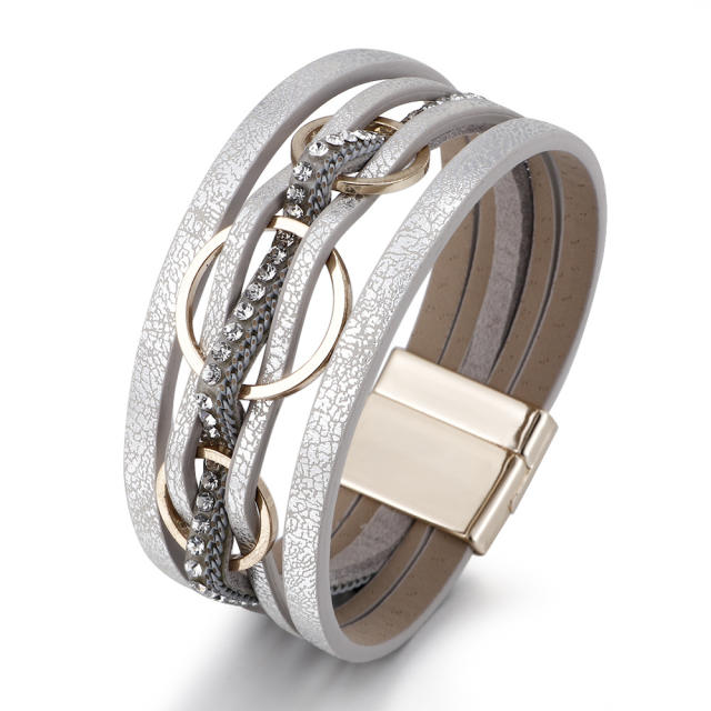 Creative alloy circle PU leather wide bangle for women