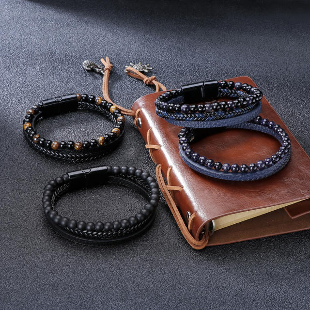 Concise PU leather tiger eye beads men bracelet